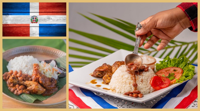 Reis, Bohnen und Fleisch – das Nationalgericht der Dominikanischen Republik in den Farben seiner Nationalflagge